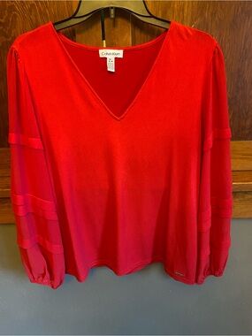 Calvin Klein Bright Red V-Neck Long Sleeve Blouse